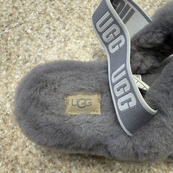 UGG Fuzzy Oh Yeah Fluff Gray Slippers Slides Logo 10 - Picture 6 of 8